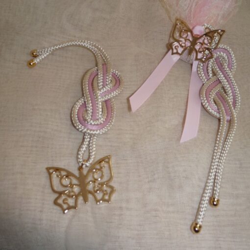 Μπομπονιέρα Βάπτισης Γούρι Με Μεταλλική Πεταλούδα Με Δαντέλα Οργάτζα Και γκρο Κορδέλα