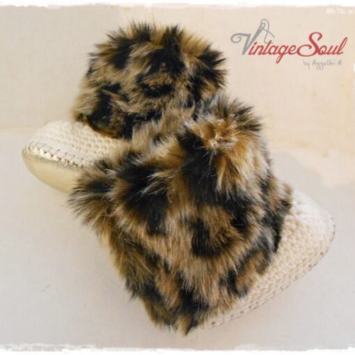 Πλεκτά Χειροποίητα Μποτάκια Με Γούνα Λεοπά Και Πάτο Από Δέρμα