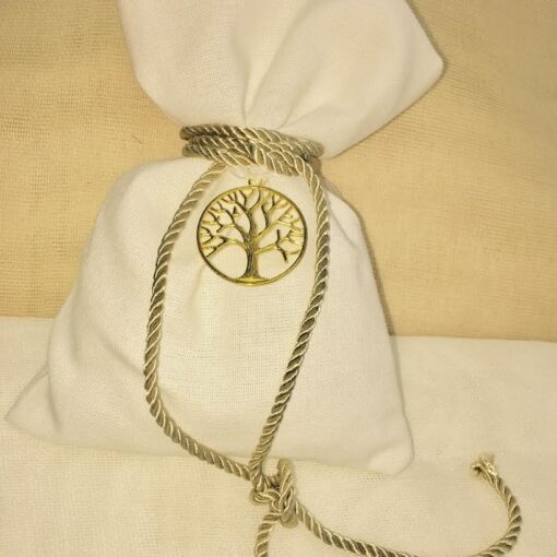 Μπομπονιέρα Γάμου Λευκό Λινό Πουγκί Με Μενταγιόν Δέντρο Ζωής