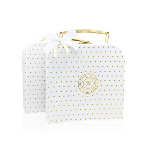 Μπομπονιέρα Βαλιτσάκι Λευκό Χρυσά Αστεράκια Και Πουά