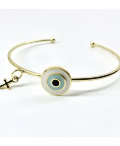 Μαρτυρικό Βραχιόλι Χρυσή Μπάρα Με Μάτι γαλάζιο Και Σταυρό