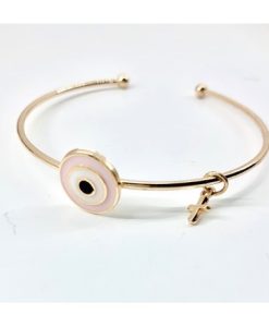 Μαρτυρικό Βραχιόλι ροζ Χρυσή Μπάρα Με Μάτι Ροζ Και Σταυρό