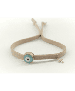 Μαρτυρικό Βραχιόλι Σουέτ Μπεζ Με Μάτι Και Σταυρό