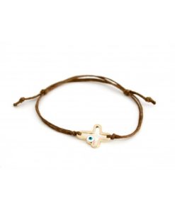 Μαρτυρικό Βραχιόλι Καφέ Κορδόνι Χρυσός Σταυρός Με Μάτι.